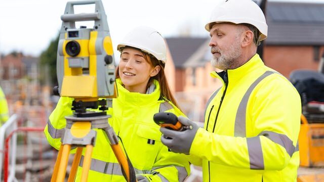 Two land surveyors working on a construction project in Modesto, CA
