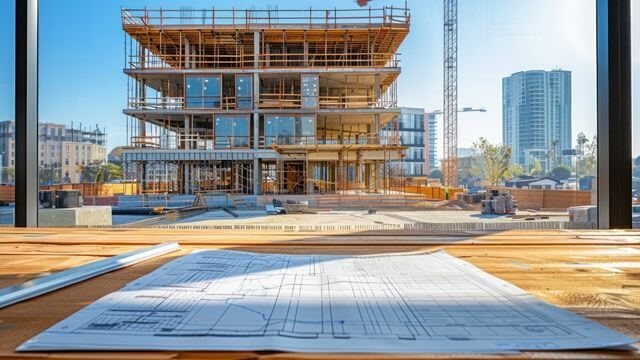 A set of plans in front of an unfinished contruction project.